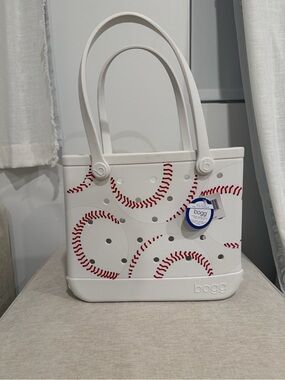 BOGG BAG White Tote with Red Baseball Stitch Accents